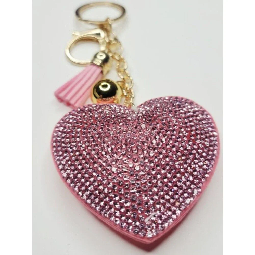 NWT Big Pink And Gold Puffy Heart Keychain With Tassel Bag Charm That Sparkles